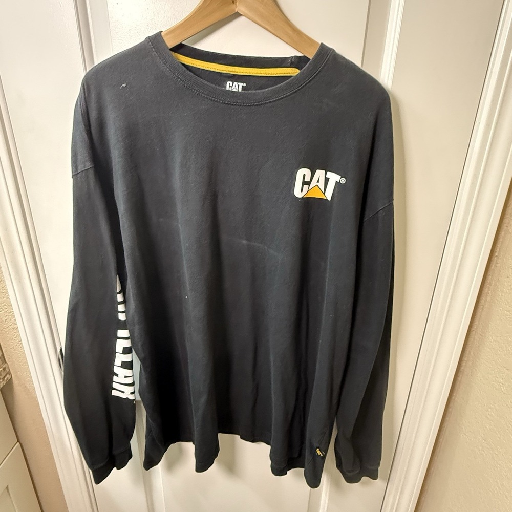 CAT Caterpillar Mens 2XL Black Long Sleeve Logo Workwear T Shirt Spellout